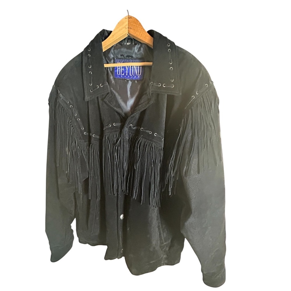 Beyond Leather Fringe Jacket Men XXL Black Western Suede Tassel Laced